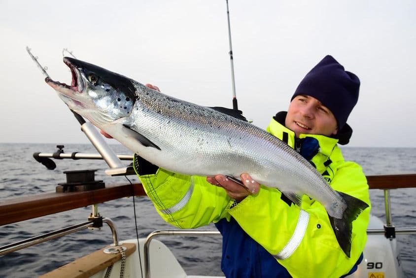 Pêche en mer, un pêcheur montrant fièrement une grosse prise sur un bateau.