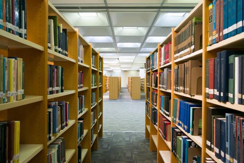 Une bibliothèque est visible avec des étagères contenant des livres.