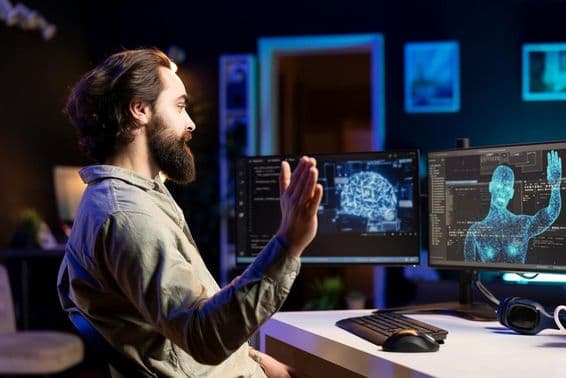 Un développeur codant un programme d'IA tout en saluant une silhouette humaine sur l'écran.