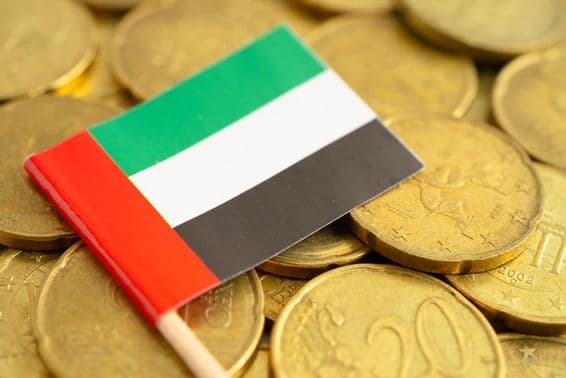 Pièces en euro avec le drapeau des Émirats Arabes Unis au-dessus.