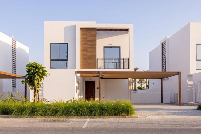 Une villa à Dubaï est visible avec une petite zone verte à l'avant.