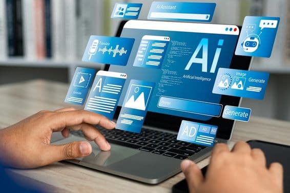 Un cahier affichant un hologramme d'IA manipulé par une main humaine sur le pavé tactile.