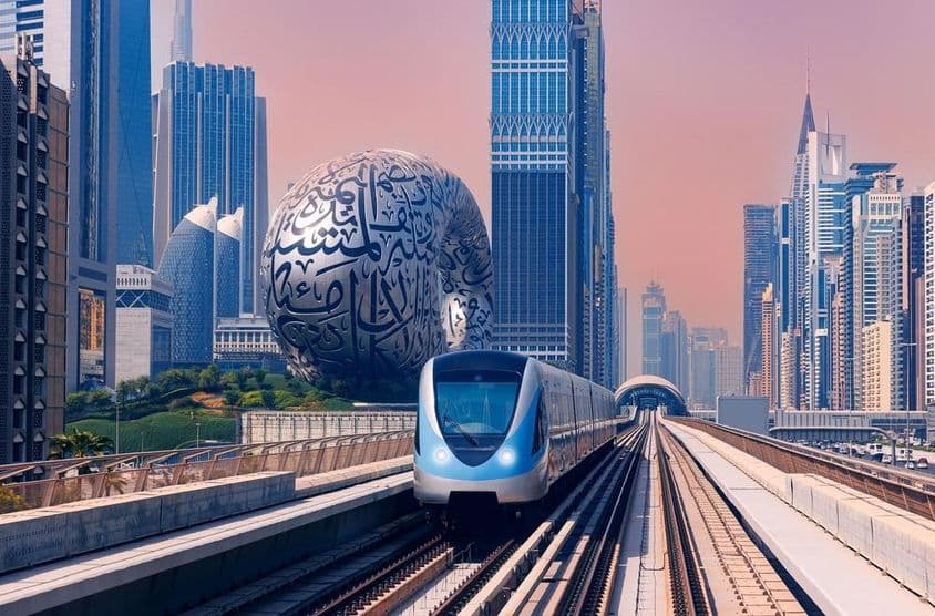 Métro de Dubaï avec le Musée du Futur et des gratte-ciels en arrière-plan.