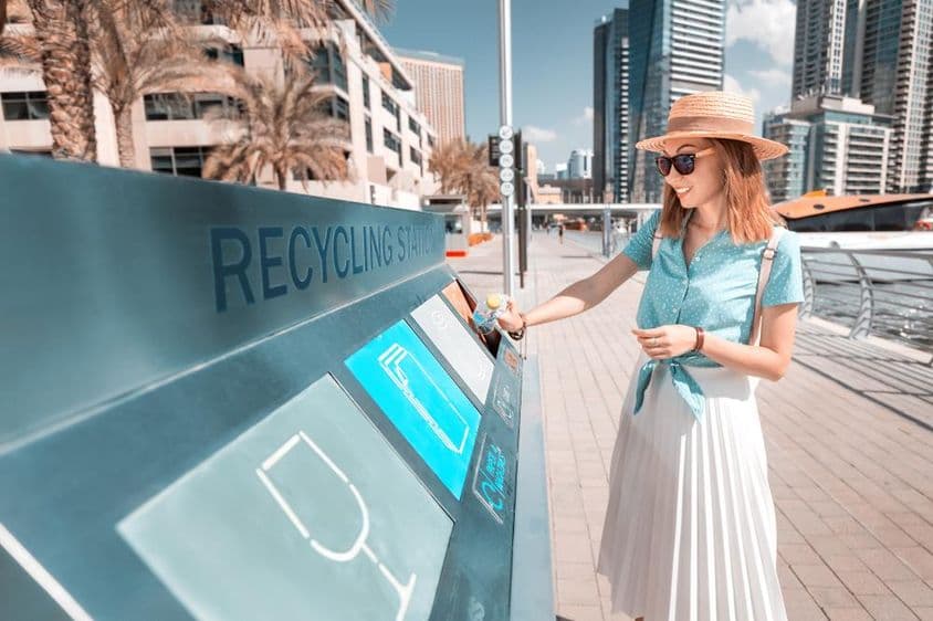 Lancer une bouteille dans un bac de recyclage à Dubaï, avec des gratte-ciels en arrière-plan.