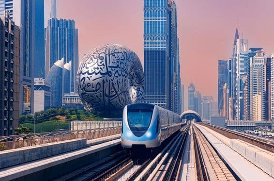 Métro de Dubaï avec le musée du futur en arrière-plan.