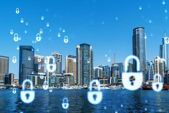 Centre d'affaires de Dubaï, projeté avec des cadenas.