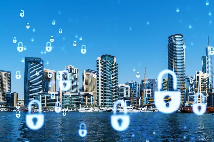 Centre d'affaires de Dubaï, projeté avec des cadenas.