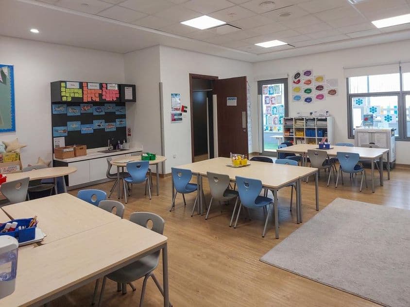 Salle de classe vide.