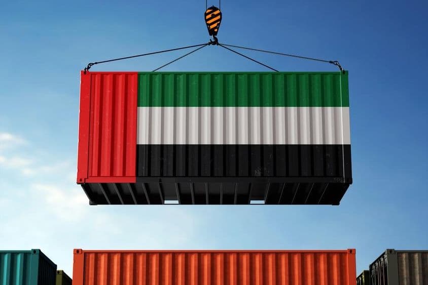 Une grue soulevant un conteneur peint aux couleurs du drapeau des EAU.