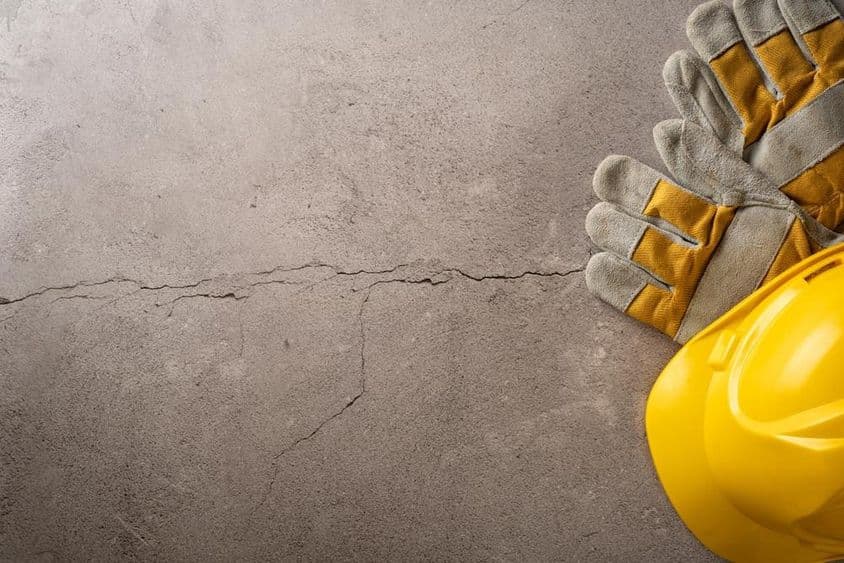 Temps de pause, casque jaune et gants de travail posés sur une surface en béton fissurée.