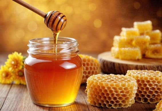 Miel bio naturel dans un bocal en verre, cuillère à miel et rayons de miel à proximité.