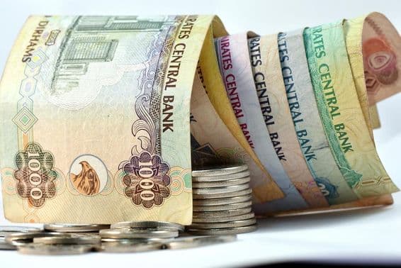Billets et pièces de dirham aux Émirats Arabes Unis.