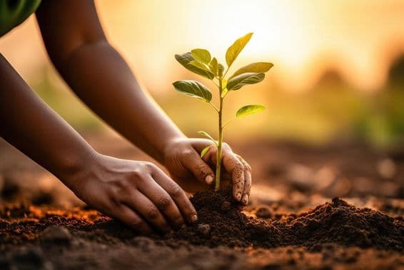Mains humaines plantant une plante verte dans le sol.