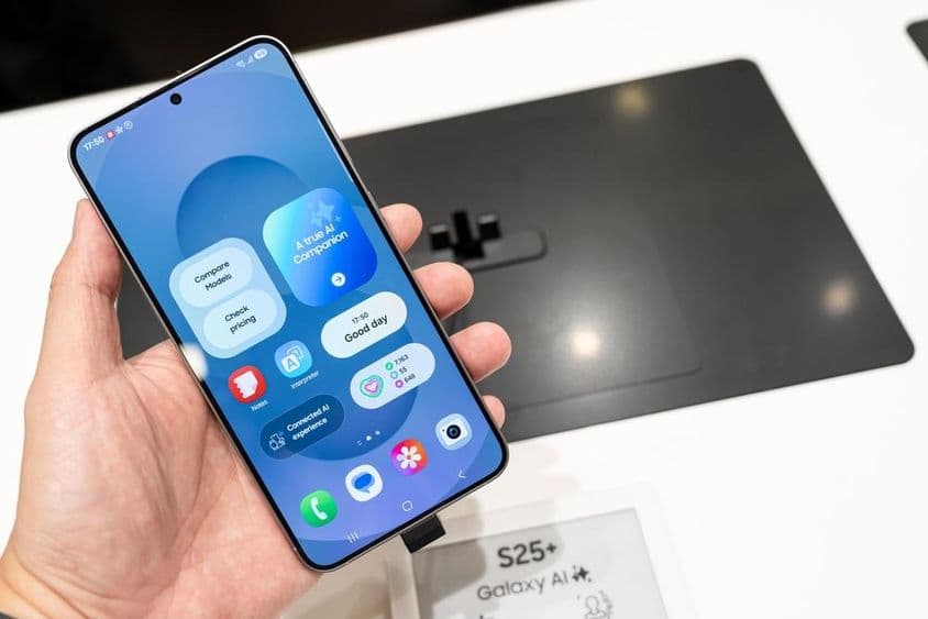 Samsung Galaxy S25+ tenu en main au magasin.