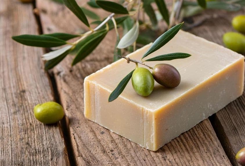 Un savon artisanal à l'huile d'olive repose sur une table en bois.