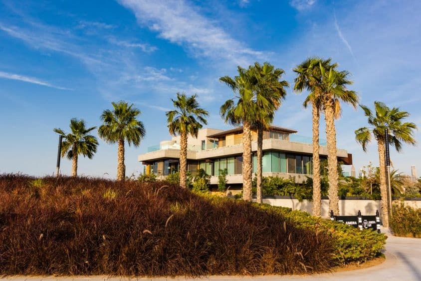 Dubaï, villa entourée de palmiers sous un ciel de coucher de soleil nuageux.