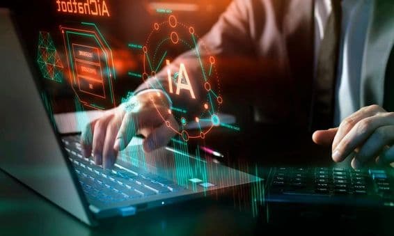 Technologie IA, intelligence artificielle en milieu de travail, éléments graphiques et numériques.