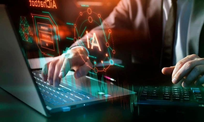 Technologie IA, intelligence artificielle en milieu de travail, éléments graphiques et numériques.