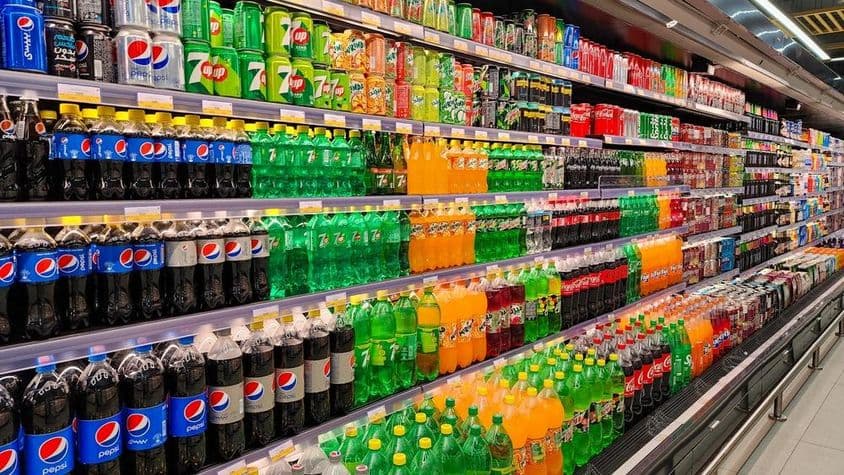 Diverses boissons gazeuses en vente sur une étagère d'hypermarché à Dubaï.