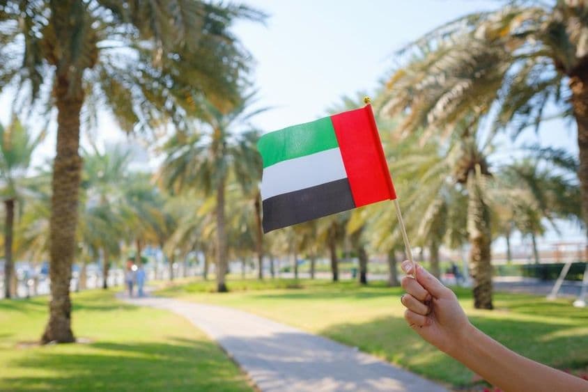La main d'une femme tenant un drapeau miniature des Émirats arabes unis dans un parc d'Abu Dhabi.