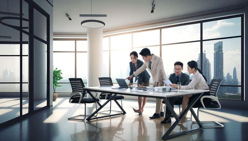 Des hommes d'affaires discutant de travail dans un bureau.