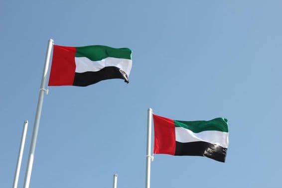 Drapeaux des Émirats Arabes Unis flottant au vent.