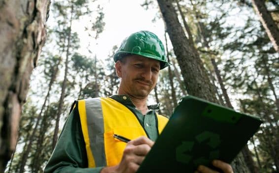 Ingénieur environnemental prenant des notes dans une forêt.