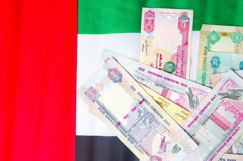 Billets de banque en dirhams EAU sur le drapeau national.