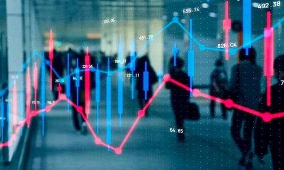 Graphique financier, personnes marchant.