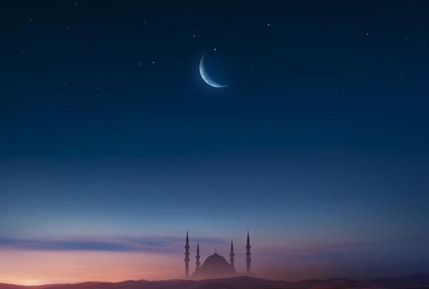 Mosquée au coucher du soleil avec la lune dans le ciel.