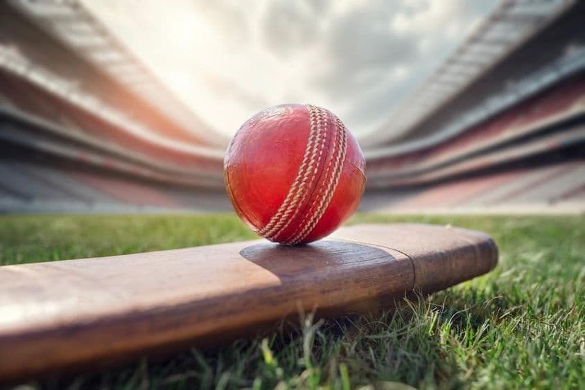 Balle de cricket sur une vieille batte de cricket en bois.