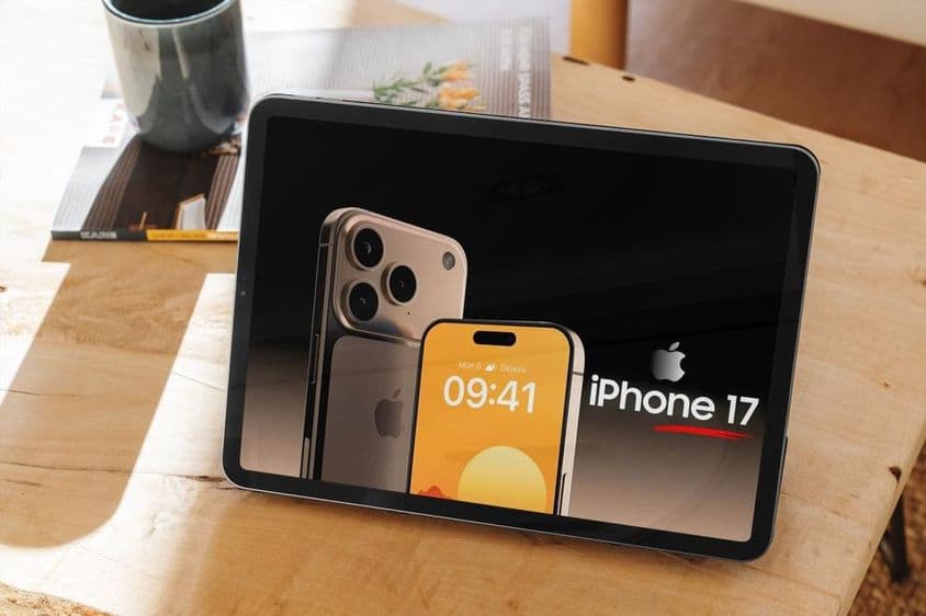 Publicité de l’iPhone 17 sur une tablette, posée sur une table en bois.