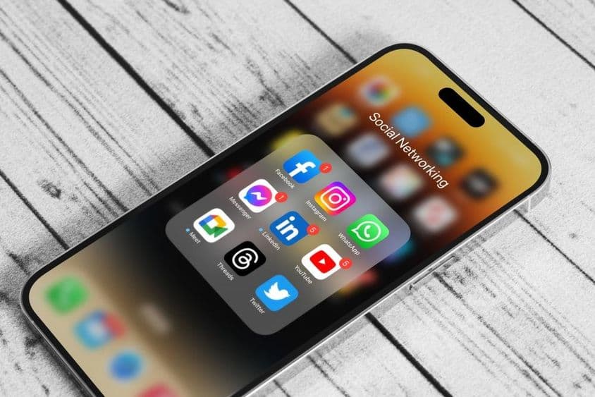 Logos d'applications de réseaux sociaux sur un Apple iPhone 14 Pro Max.
