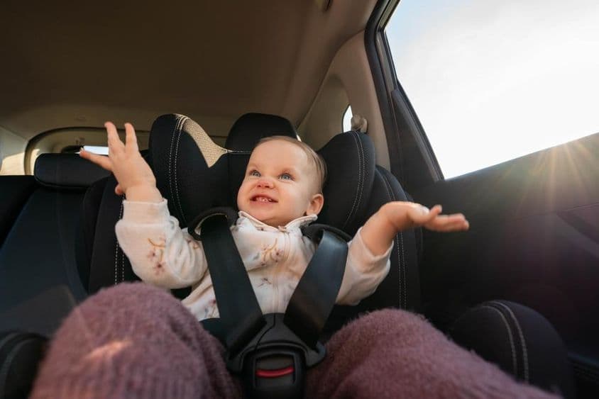 Bébé heureux applaudissant dans un siège auto pendant un voyage en famille.