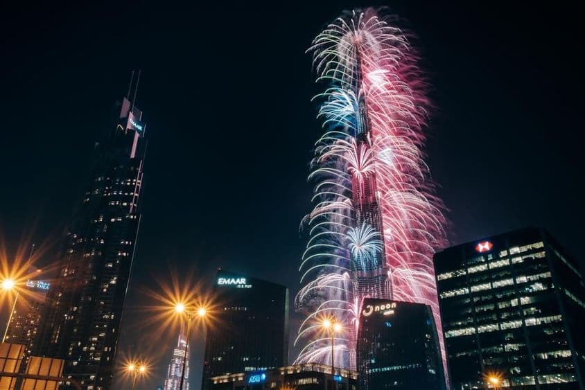 Spectaculaires feux d'artifice du Nouvel An au Burj Khalifa, le plus haut bâtiment du monde.