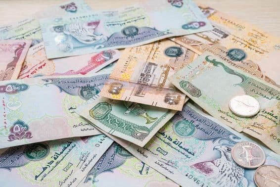 Divers billets de banque et pièces de monnaie en dirhams des Émirats arabes unis.