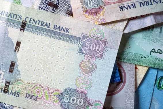 Dirham des EAU, billet et pièce, Émirats Arabes Unis.