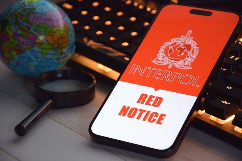Un écran de smartphone affichant le logo d'Interpol.