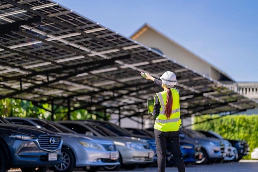 Panneaux solaires fournissant de l'ombre et de l'énergie durable.