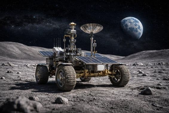 Un rover lunaire avec la Terre en arrière-plan.