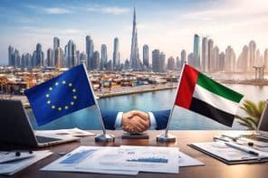 Poignée de main UE-Émirats au port de Dubaï : début d'une nouvelle ère commerciale.