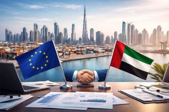 Poignée de main UE-Émirats au port de Dubaï : début d'une nouvelle ère commerciale.