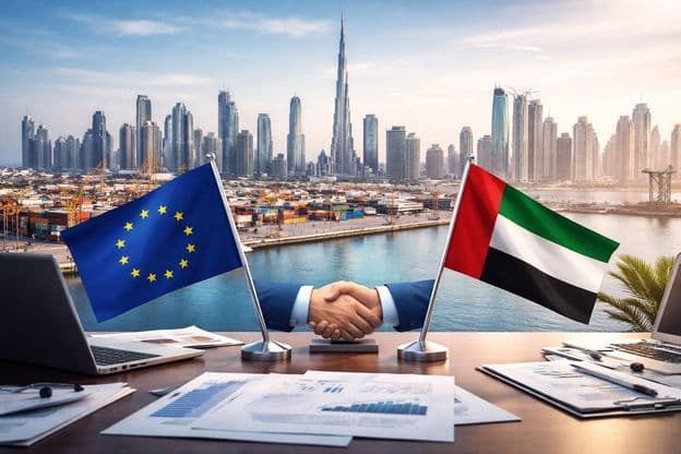 Poignée de main UE-Émirats au port de Dubaï : début d'une nouvelle ère commerciale.