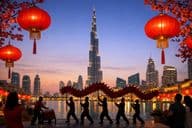 Lumières du Nouvel An Chinois parmi les gratte-ciels de Dubaï.