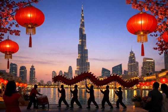 Lumières du Nouvel An Chinois parmi les gratte-ciels de Dubaï.