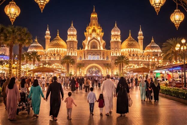 Atmosphère familiale en soirée de Ramadan au Global Village de Dubaï.