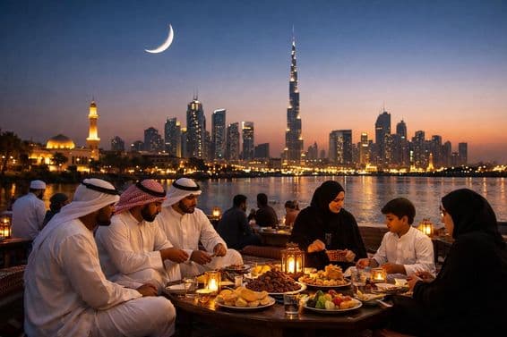 Iftar du soir Ramadan avec la ligne d'horizon de Dubaï.