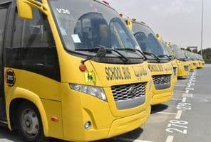 Plusieurs bus scolaires jaunes alignés dans un parking à Dubaï.