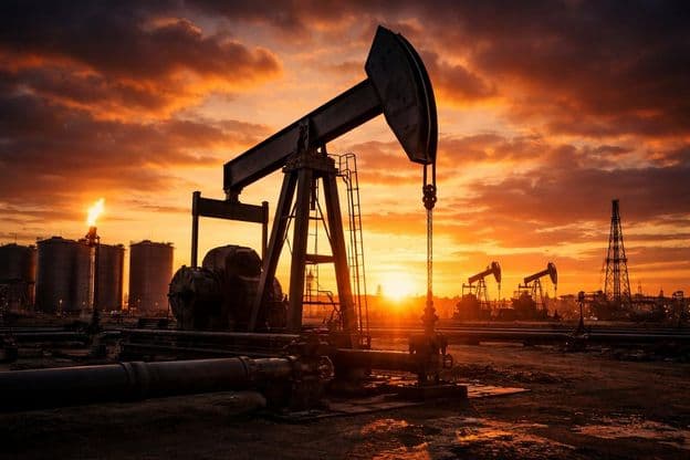 Champ pétrolier au coucher du soleil aux États-Unis