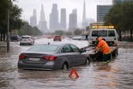 Voiture sur rue inondée à Dubaï
